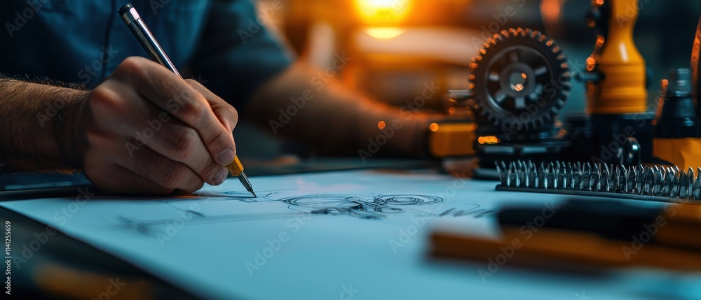 Aufkleber An engineer sketching a gear mechanism blueprint on a drafting table with precision tools neatly arranged