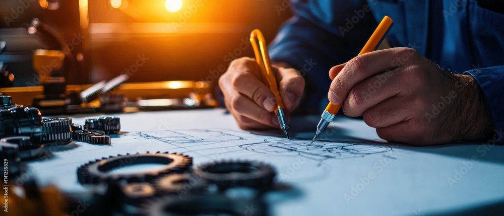 Aufkleber An engineer sketching a gear mechanism blueprint on a drafting table with precision tools neatly arranged