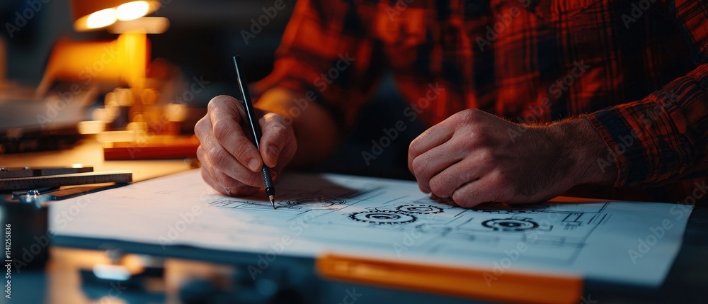 Aufkleber An engineer sketching a gear mechanism blueprint on a drafting table with precision tools neatly arranged