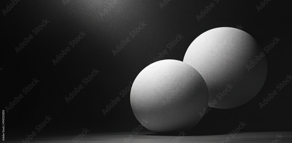 Poster minimalist abstract geometric design with gradient textures and glowing spheres on black background