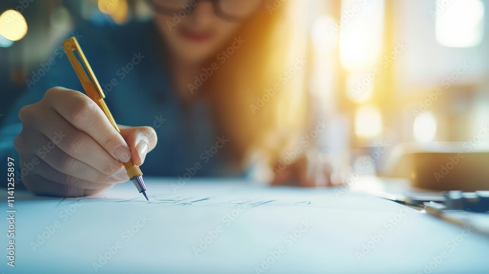 Aufkleber An engineer sketching a detailed blueprint of a mechanical assembly with drafting tools on a well-lit desk