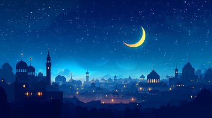 Naklejka premium Nighttime Silhouette Of A City Underneath A Crescent Moon