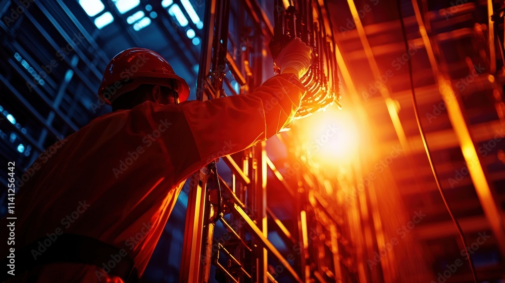 Poster a technician wiring a transformer in a high-voltage facility under controlled conditions