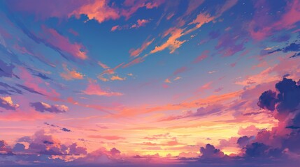 Naklejka premium Breathtaking sunset sky ablaze with vibrant oranges, pinks, and purples. Wispy clouds add depth and texture, creating a dreamy and ethereal atmosphere for a stunning natural scene.