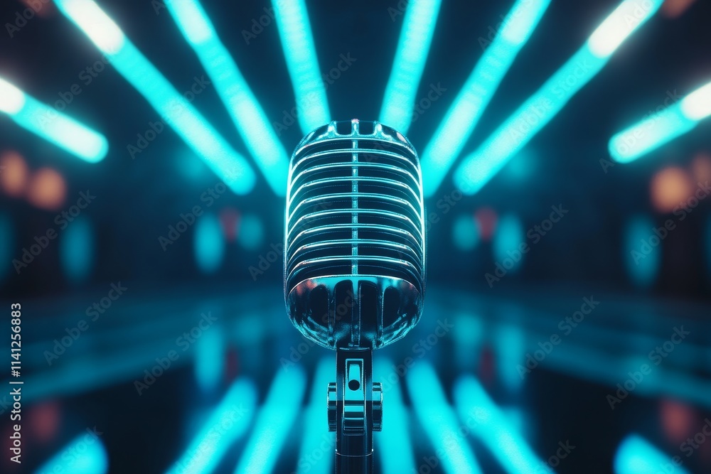 Poster vintage style microphone against a backdrop of blue neon lights with a soft focus and bokeh effect c