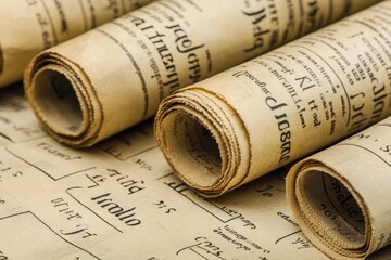 Vintage Rolled Paper Scrolls with Historical Text and Patterns on a Table, Evoking a Sense of Antiquity, Knowledge, and Discovery in a European Context