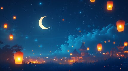 Night Sky Lanterns Illuminate Temple Landscape