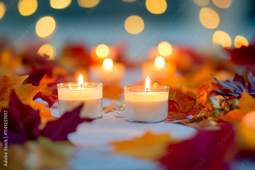 Poster warm and inviting scene with candles surrounded by colorful autumn leaves and soft bokeh lights crea