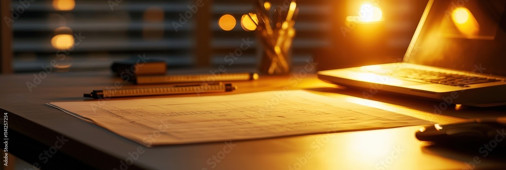 Poster a sleek engineering workstation with a drafting table, rulers, and technical blueprints illuminated 