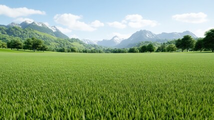 Obraz premium Lush green field with mountains and blue sky in the background.