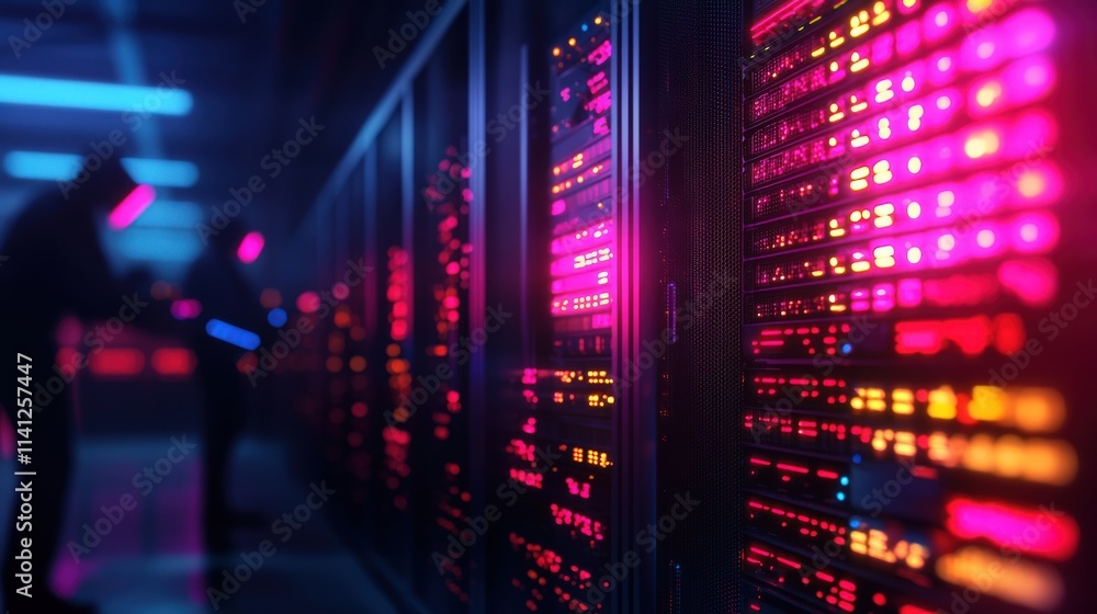 Aufkleber A server room with technicians calibrating high-performance storage systems, illuminated by vibrant LEDs