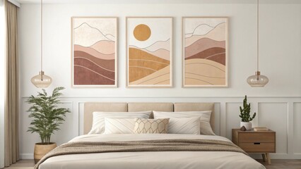 A minimalist wall art piece hangs above the bed showcasing soothing abstract forms in muted earth tones that evoke a sense of peacefulness and simplicity.