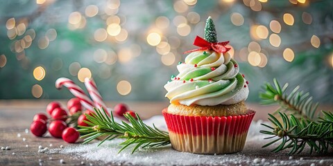 Festive Christmas Tree Cupcake Decorated with Candy and Evergreen Sprig