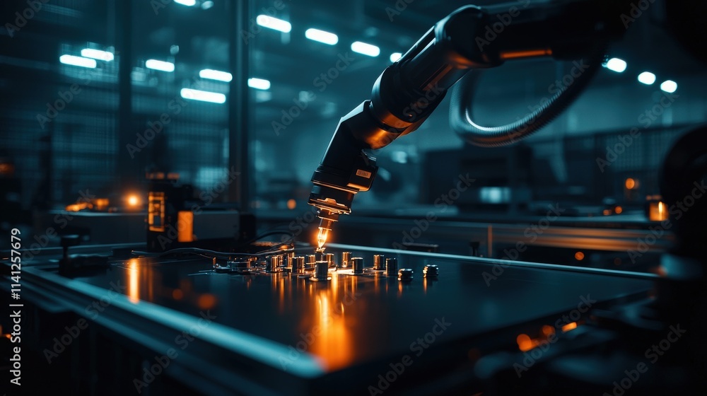 Poster A robotic arm assembling components on an automated assembly line under precise industrial lighting