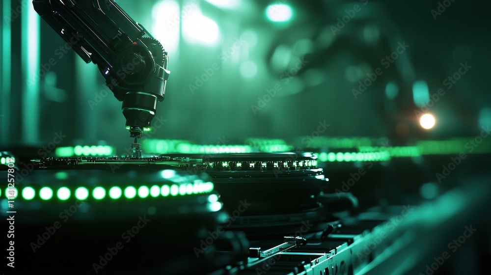 Poster a robotic arm assembling components on an automated assembly line under precise industrial lighting