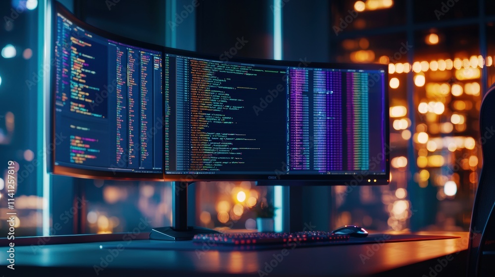 Aufkleber A programming workspace featuring code for AI algorithms displayed on a curved monitor setup