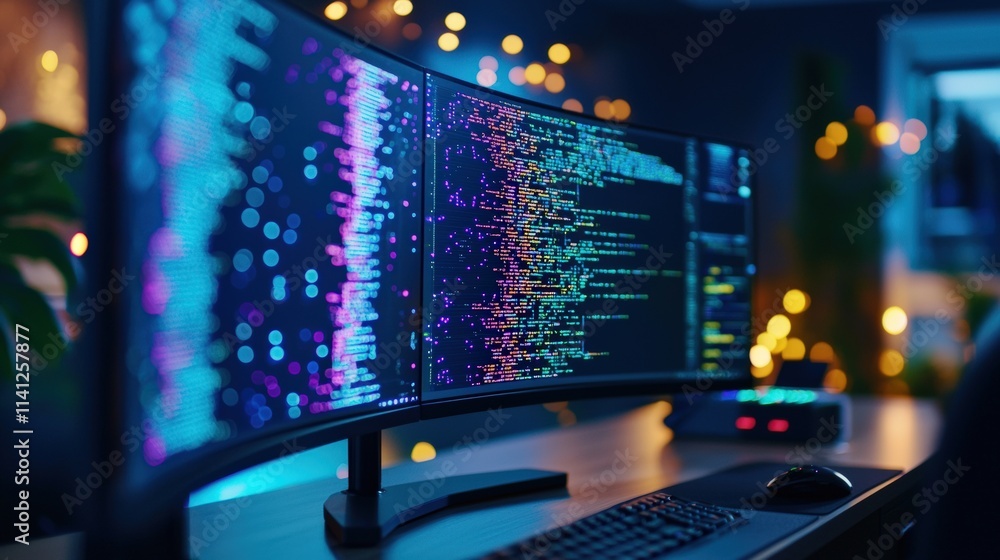 Aufkleber A programming workspace featuring code for AI algorithms displayed on a curved monitor setup