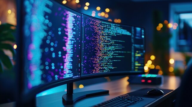 A programming workspace featuring code for AI algorithms displayed on a curved monitor setup