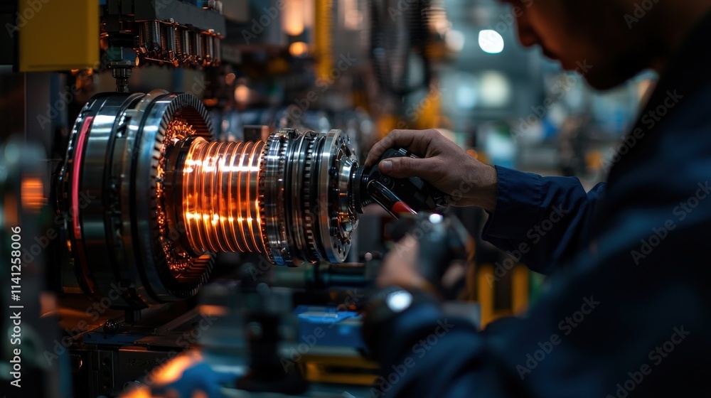 Poster A mechanical engineer inspecting a prototype motor casing using a torque wrench in a high-tech lab