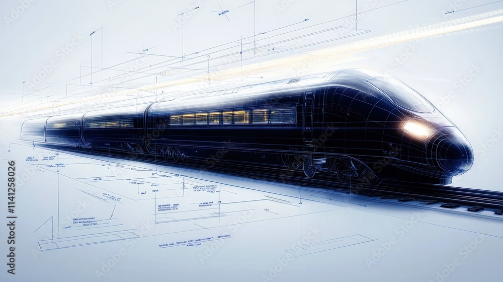 Poster A hyperdetailed technical drawing of a high-speed train system with intricate measurements and annotations
