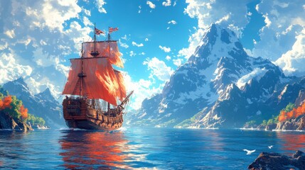 Obraz premium Pirate Ship Sailing in Vibrant Pixel Art Landscape