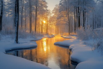 Winter Landscape Serenity Snowy River Forest Scene Art