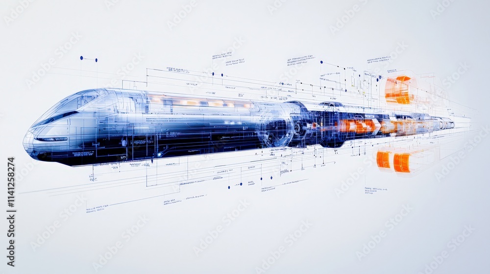 Poster a hyperdetailed technical drawing of a high-speed train system with intricate measurements and annot