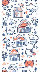 Vibrant illustrations featuring whimsical animals and charming houses in a playful design.