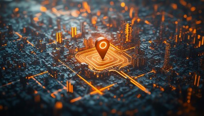 3D city model with a large geo pin and digital borders