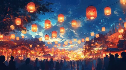 Japanese Summer Festival Night Scene with Lanterns and Fireworks