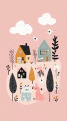 A whimsical illustration featuring colorful houses, trees, and playful animals in a serene setting.