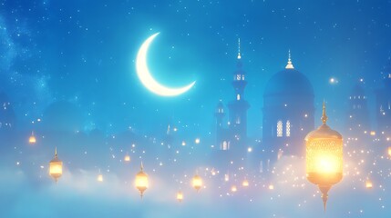 Crescent Moon Lights Cityscape Festive Night Scene