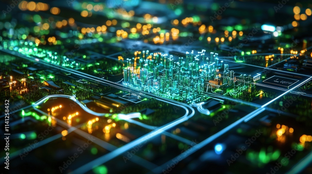 Poster a hyperdetailed city infrastructure project model displayed on a digital interactive board