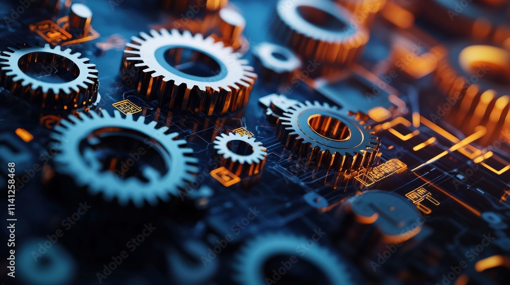 Poster A highly detailed gear mechanism visualized in a drafting program, styled with colorful annotations
