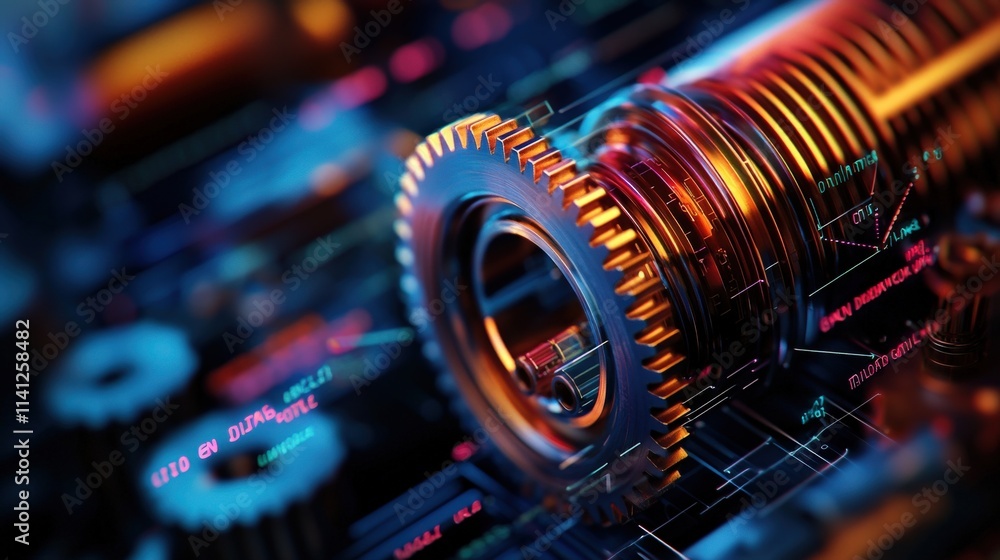 Poster A highly detailed gear mechanism visualized in a drafting program, styled with colorful annotations