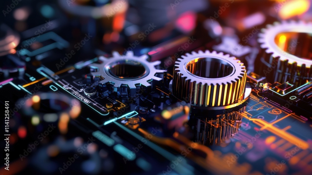 Poster A highly detailed gear mechanism visualized in a drafting program, styled with colorful annotations