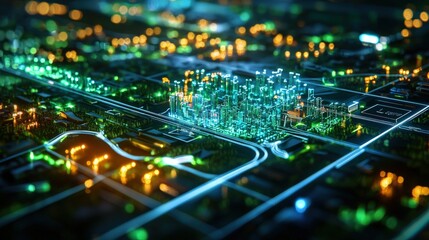 Obraz premium A hyperdetailed city infrastructure project model displayed on a digital interactive board