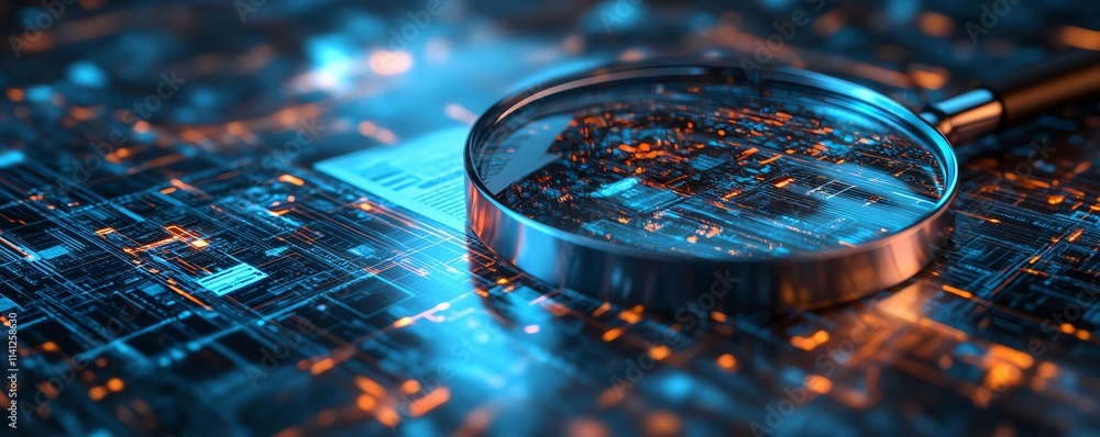 Poster a magnifying glass hovering over a document in an abstract tech environment