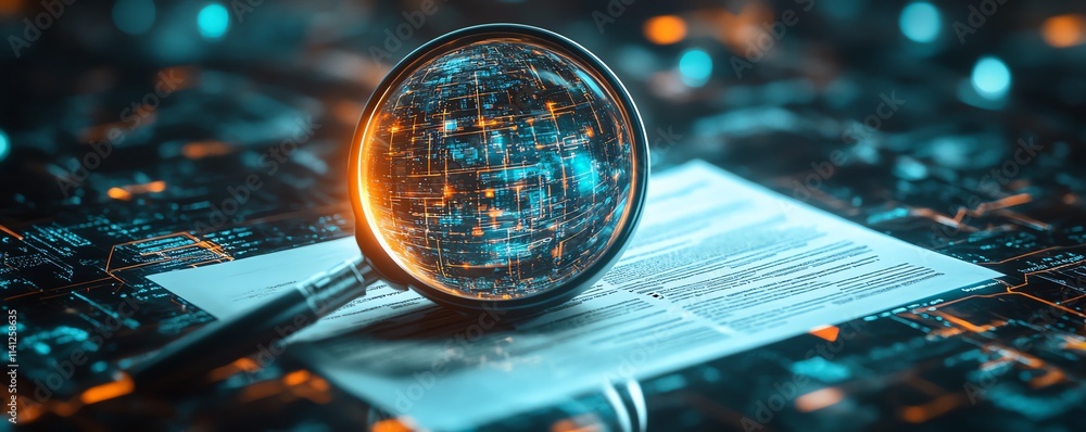 Poster a magnifying glass hovering over a document in an abstract tech environment