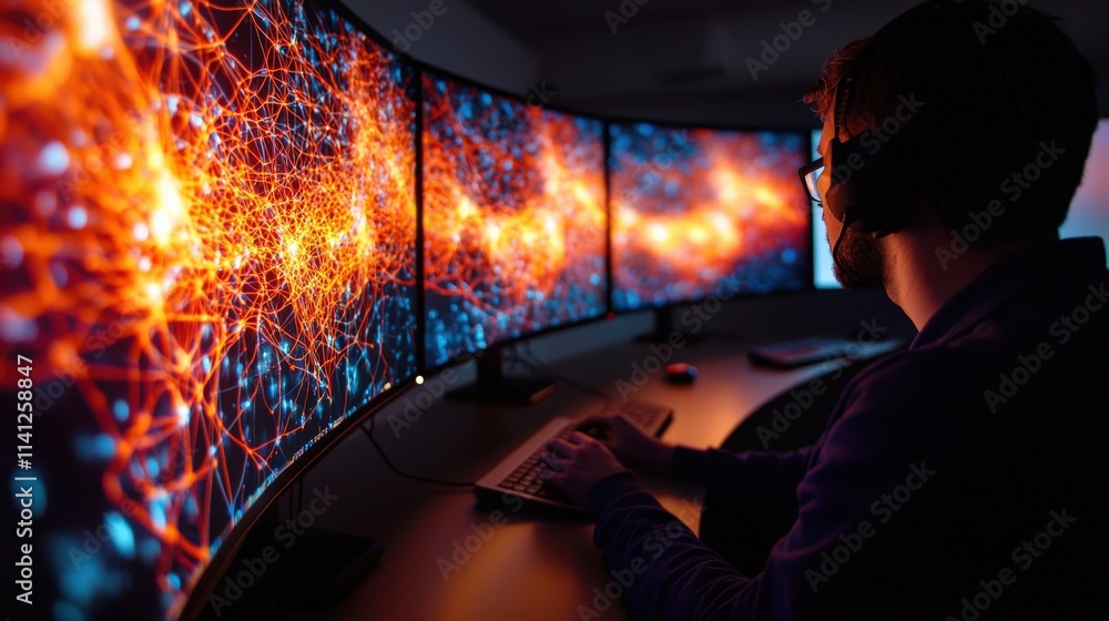 Leinwandbilder A high-angle view of engineers working on neural network simulations projected on curved monitors