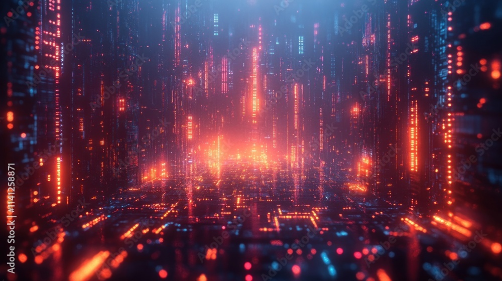 Poster futuristic digital landscape with glowing padlock and abstract background in cyberpunk style
