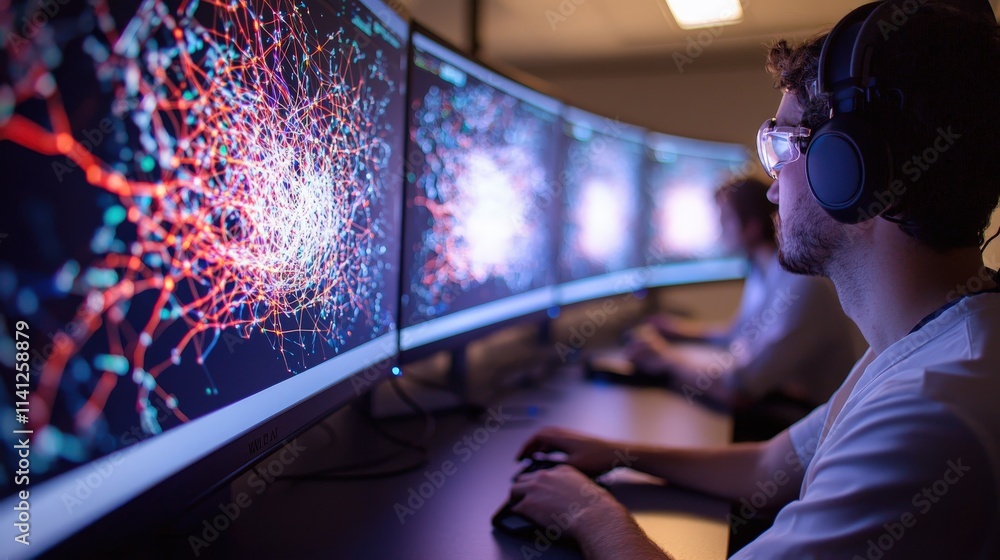 Aufkleber A high-angle view of engineers working on neural network simulations projected on curved monitors