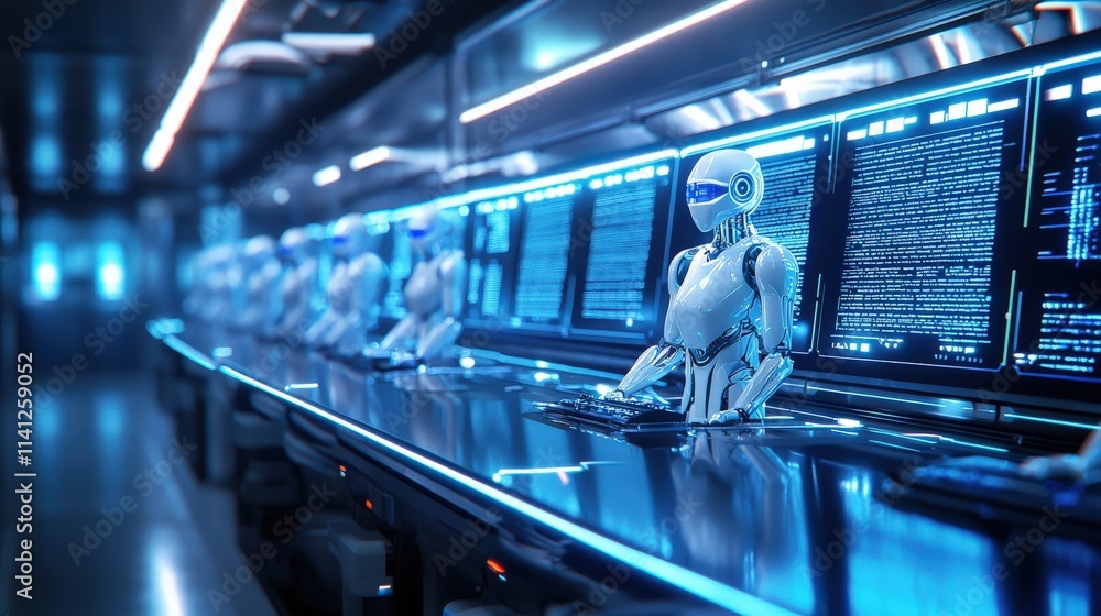 Poster A futuristic robotics lab showcasing humanoid robots connected to diagnostic computers for testing AI functionality