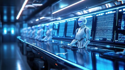 A futuristic robotics lab showcasing humanoid robots connected to diagnostic computers for testing AI functionality