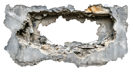 A large hole in a wall with a rope hanging from it