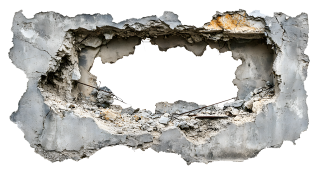 A large hole in a wall with a rope hanging from it