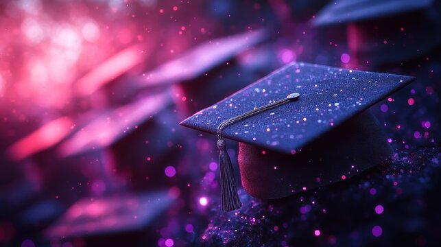 Graduation Celebration Background for Class of 2025 with Floating Caps and Dreamy Lights