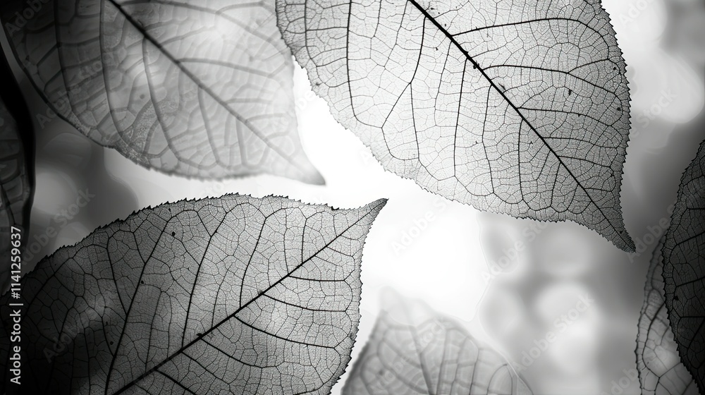 Poster a monochromatic close-up of translucent leaves showcasing intricate vein patterns.