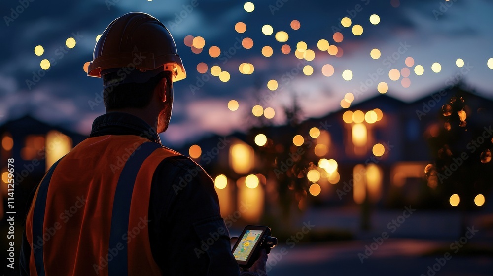 Poster A dynamic shot of a surveyor using a GPS tool to map out a future residential project