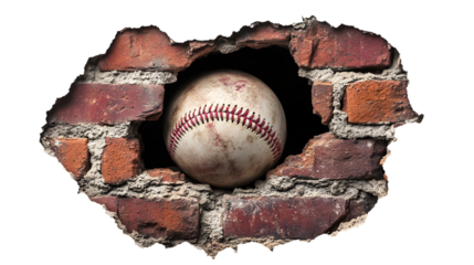A baseball is sitting in a hole in a brick wall